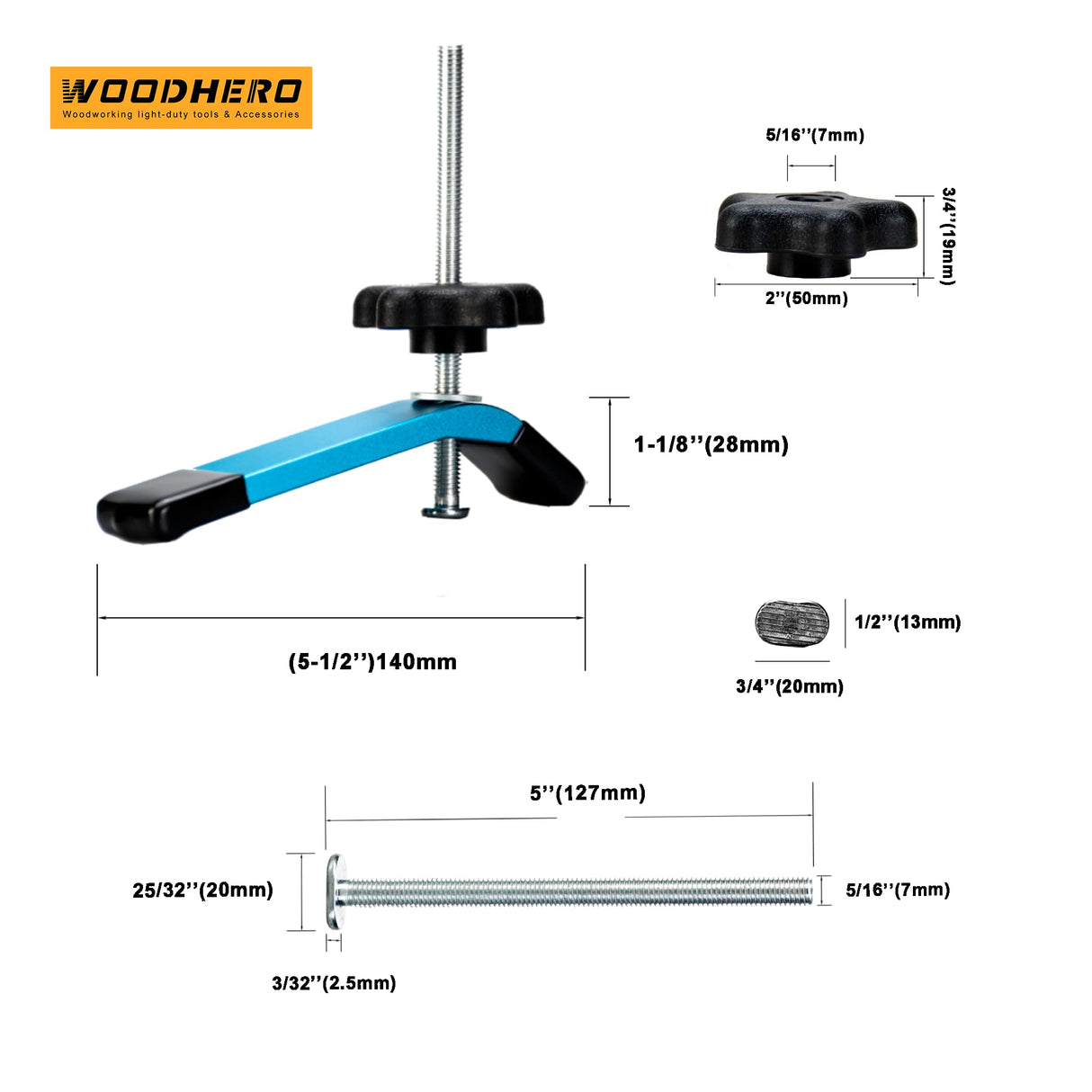 WOODHERO T Track Hold Down Clamps - Ideal Gifts for Woodworkers Men Unique | 4pcs Middle Size 5-1/2” L x 1-1/8” W Light Blue Hold Down Clamps for WoodHero