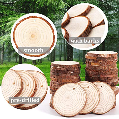 Natural Wood Slices for Christmas Ornaments, 25Pcs DIY Unfinished Wooden Craft Kit Predrilled with Hole Wooden Circles Tree Slices for Christmas Tree UMEELR