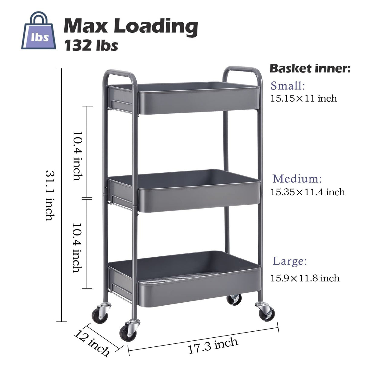 TOOLF 3-Tier Rolling Cart, Metal Utility Cart with Lockable Wheels, Storage Craft Art Cart Trolley Organizer Serving Cart Easy Assembly for Office, TOOLF