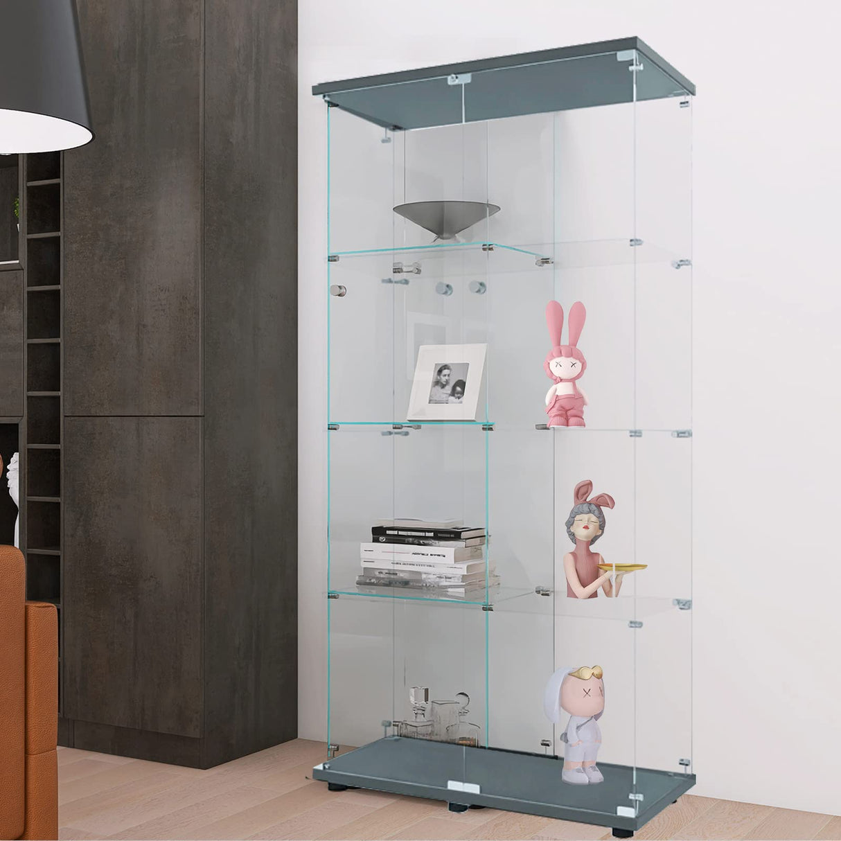 HomVent Modern 4-Shelf Glass Display Cabinet with Doors for Collectibles and Décor HomVent