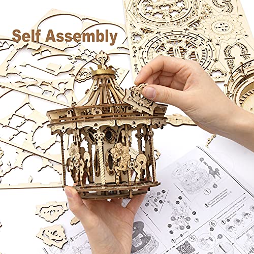 ROKR 3D Wooden Puzzles for Adults Mechanical Music Box Romantic Carousel, DIY Music Box Model Building Kits for Teens, DIY Crafts/Hobbies/Gifts Desk ROKR