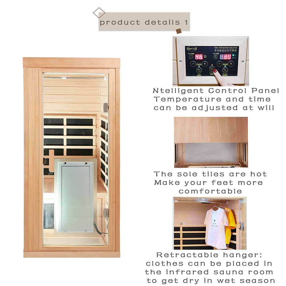 Xmatch Far Infrared Wooden Sauna Room, 1-Person Size, with 1350W, 8 Low EMF Heaters, 10 Minutes Pre-Warm up, Time and Temp Pre-Set, 2 Bluetooth Xmatch