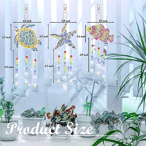 Anseal 3 Pack Diamond Art Suncatcher Wind Chime Kits for Adults Kids, Double Sided Crystal Sea Animals Diamond Painting Hanging Ornament Suncatchers Anseal