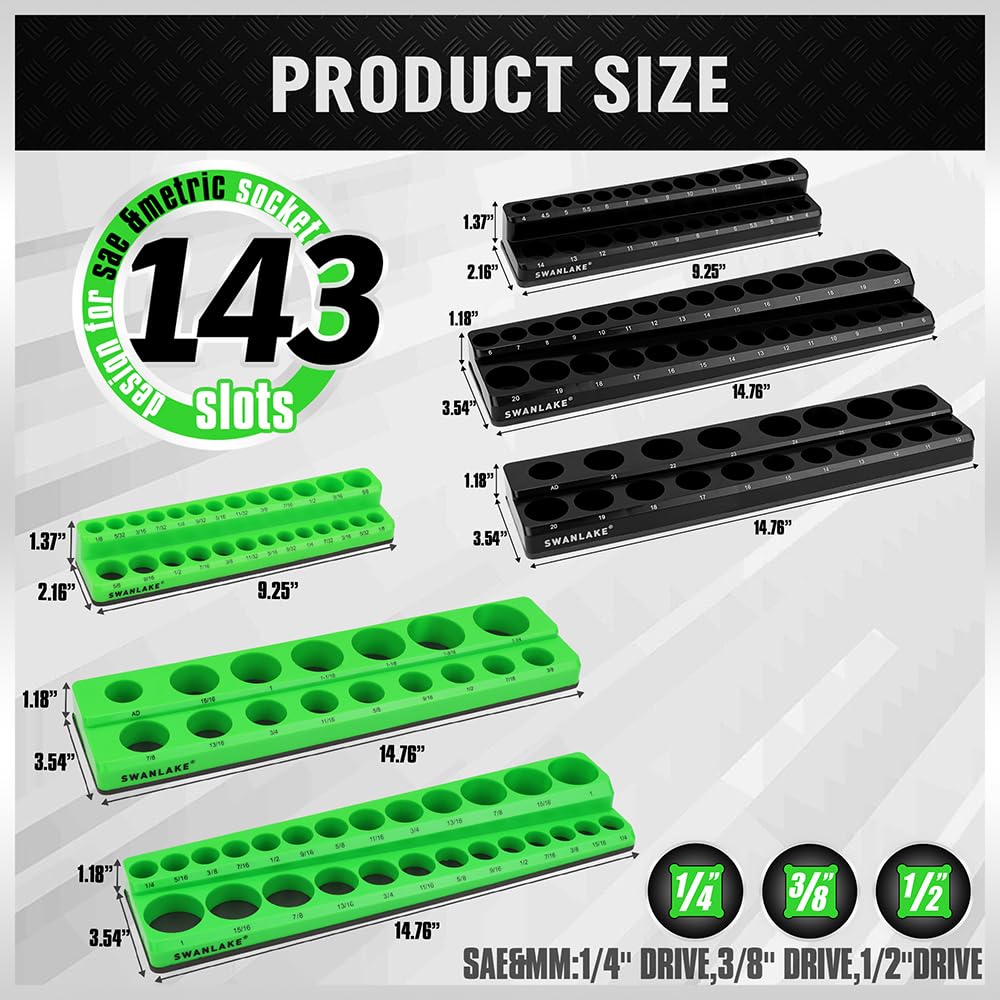 SWANLAKE 6PCS Magnetic Socket Organizer Set, Magnetic Socket Holder, 1/4", 3/8", 1/2" Socket Holds 143 Pieces Magnetic Socket Trays. SWANLAKE GARDEN TOOLS