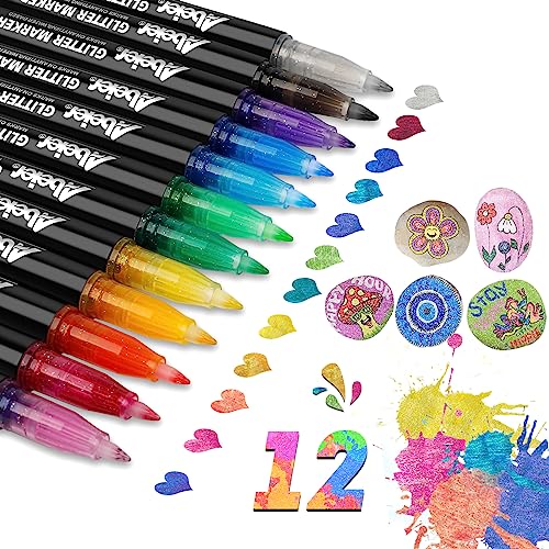 ABEIER Glitter Markers Pens, 12 Colors Sparkle Acrylic Metallic Paint Pens, Fine Point Tip, Water-based Ink for Rock Painting, Stone, Mugs, Ceramic, ABEIER