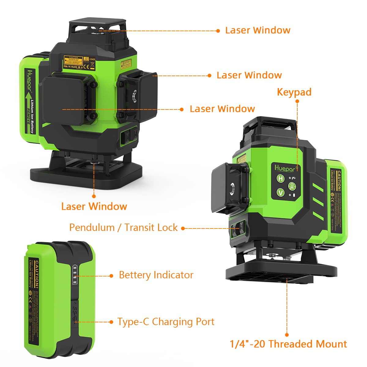 Huepar 4x360 Laser Level Self-leveling 16 Lines Green Beam 4D Cross Line Tiling Floor Tool-2 x 360 Horizontal & 2 x 360 Vertical Laser Lines with Two Huepar