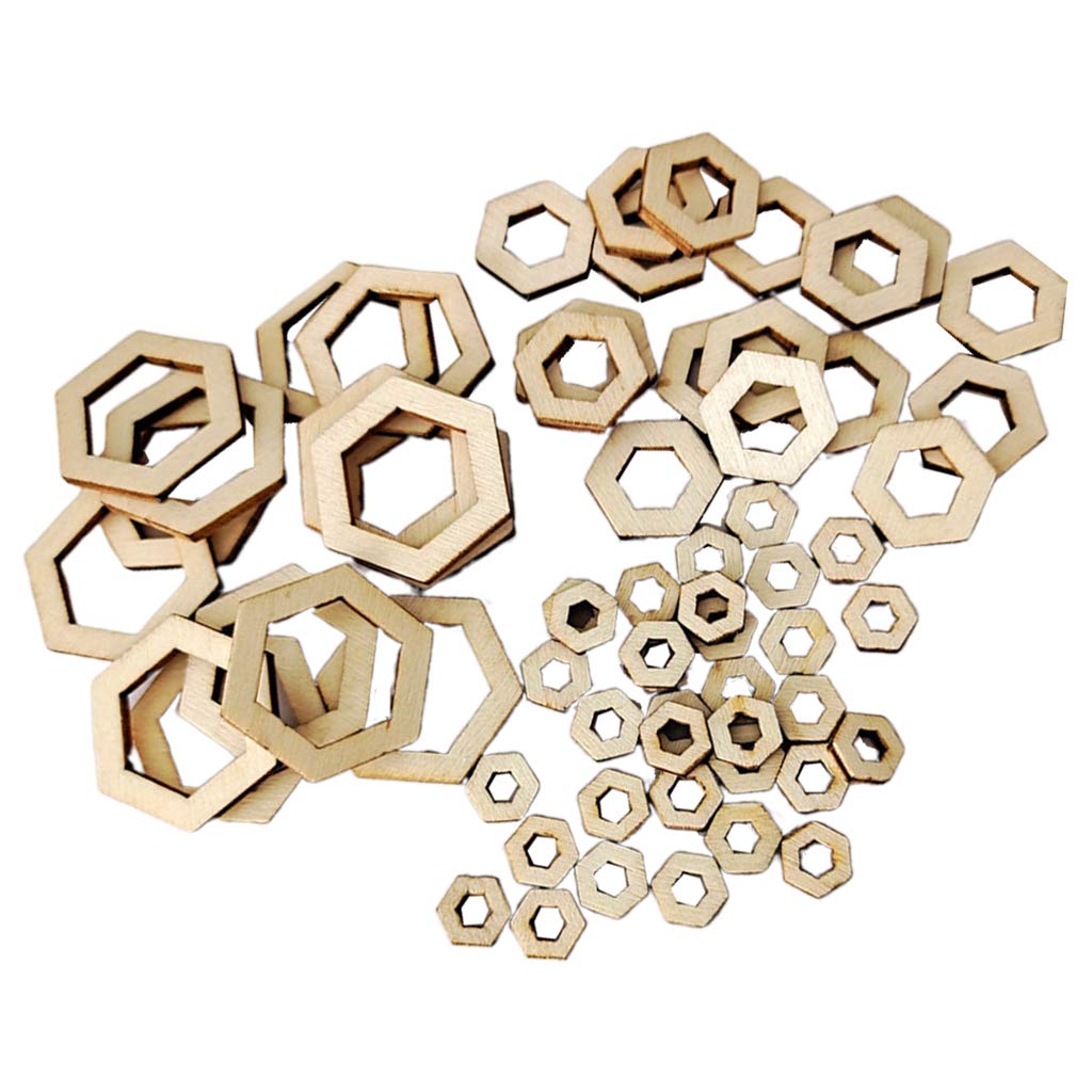 freneci 100Pcs Blank Wood Pieces Square Flowers Hexagon Hollow Unfinished Wooden Cutouts Embellishments for DIY Arts Craft Project, Picture Photo freneci