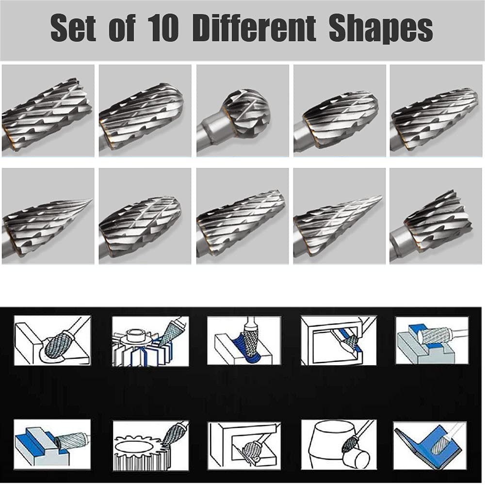 Tungsten Carbide Rotary Burr Set for Dremel, 10PCS Carbide Double Cut Carving Burr Bits with 1/8” Shank Rotary Tool Accessories for Woodworking, FOTYBEI