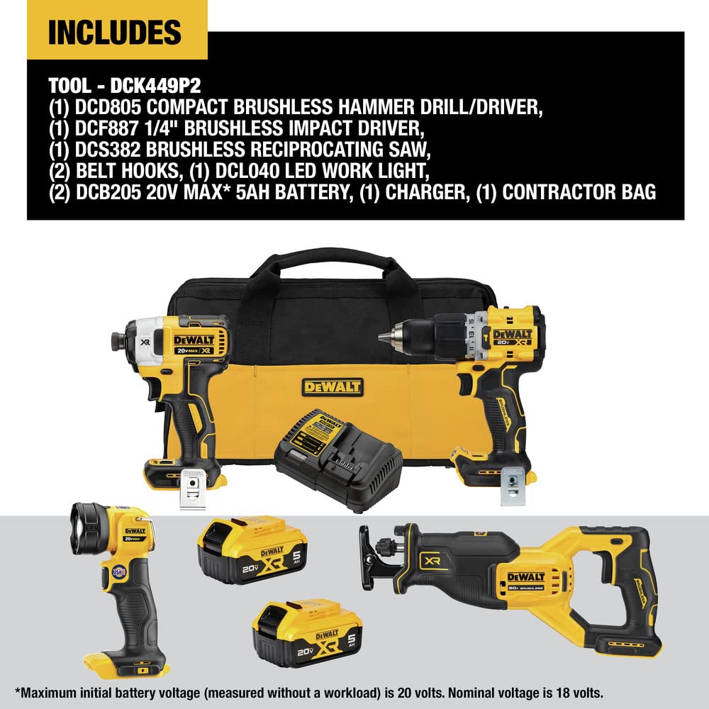 DEWALT 20V MAX XR Power Tools Combo Kit, Hammer Drill, Impact Driver, Reciprocating Saw, and Work Light, 4-TOOL (DCK449P2) DEWALT