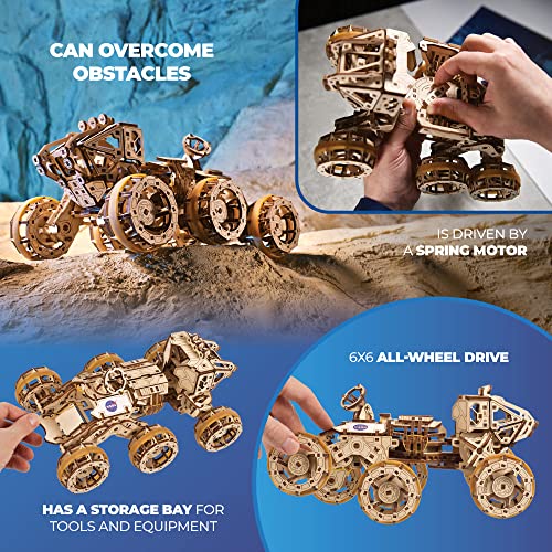 UGEARS Manned Mars Rover - Wooden Model Car Kit - 3D Wooden Models to Build for Adults - 3D Wooden Puzzle Set - All-Terrain 6x6 Drive Mars Rover UGEARS