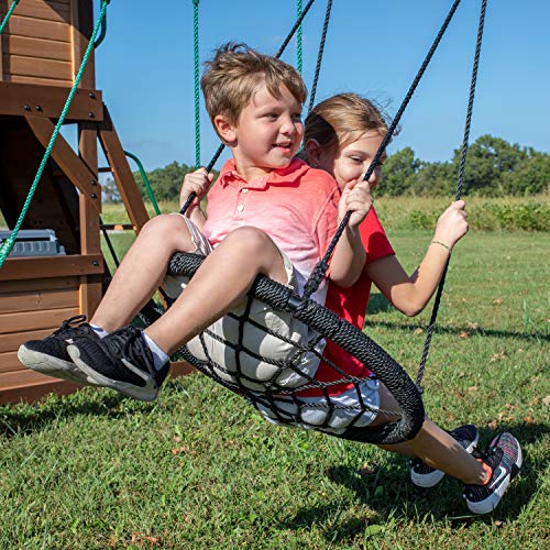 Backyard Discovery, Cedar Cove Wood Swing Set, Playground Fort, Chalkboard, Telescope, Dual Slide, Kitchenette, Wide Swing Lanes, 5ft Rock Wall, Step Backyard Discovery