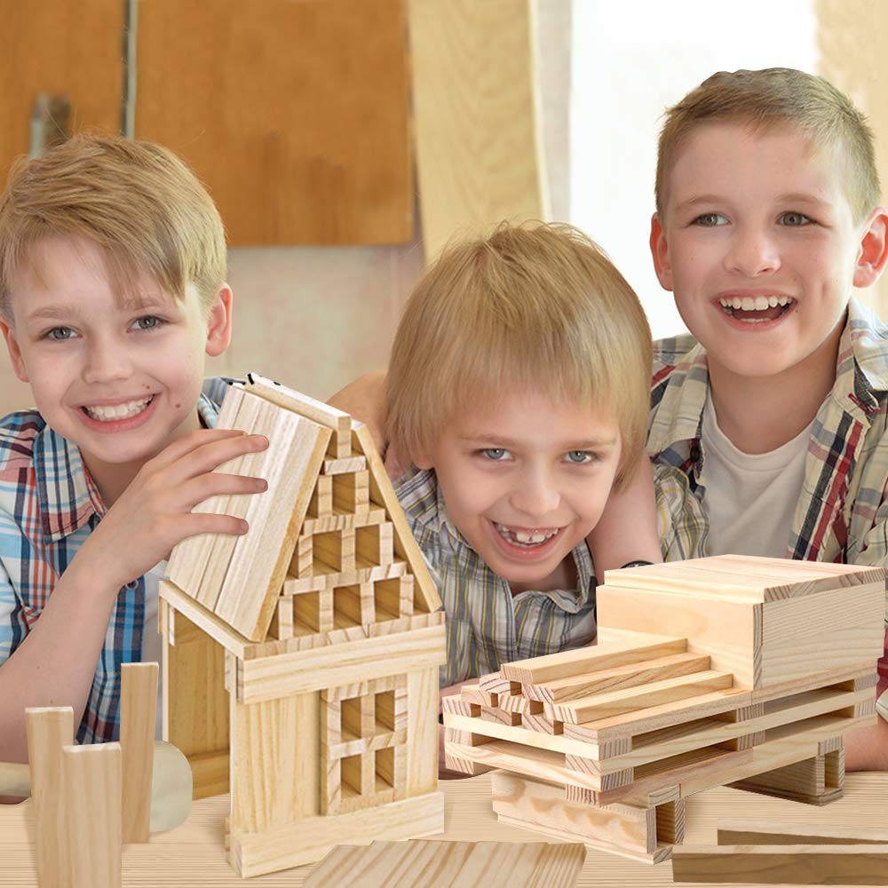 3 Bees & Me Wooden Building Toys - STEM Toys for Boys and Girls - 100 Wood Plank Pieces 3 Bees & Me