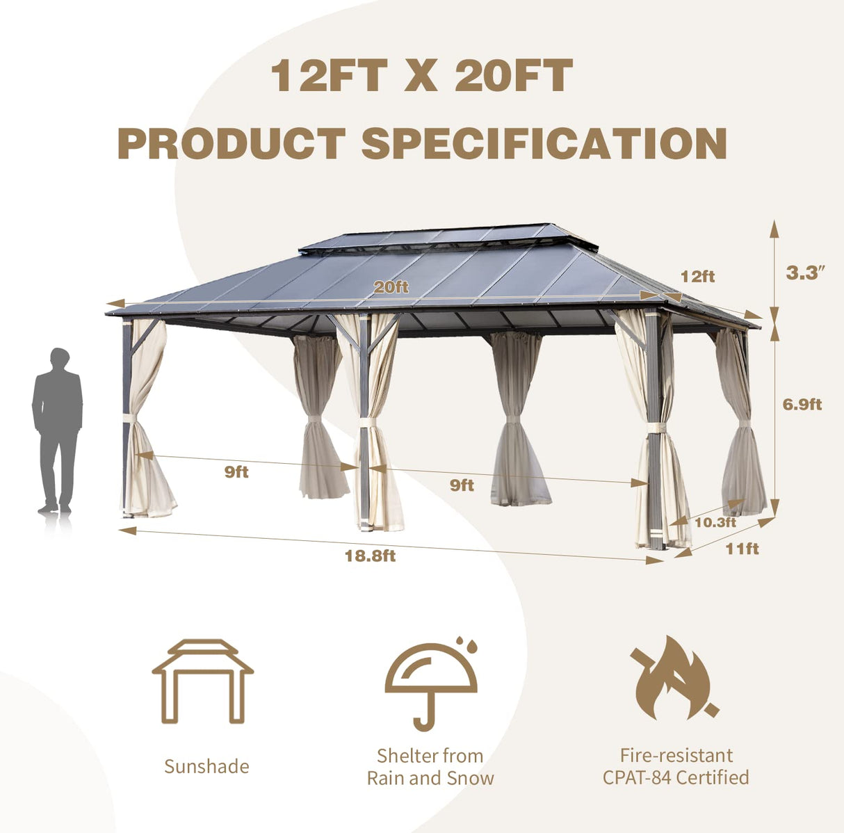 MELLCOM 12x20FT Hardtop Gazebo, Permanent Outdoor Aluminum Patio Gazebo with Aluminum Composite Double Roof for Patio Lawn and Garden, Curtains and MELLCOM