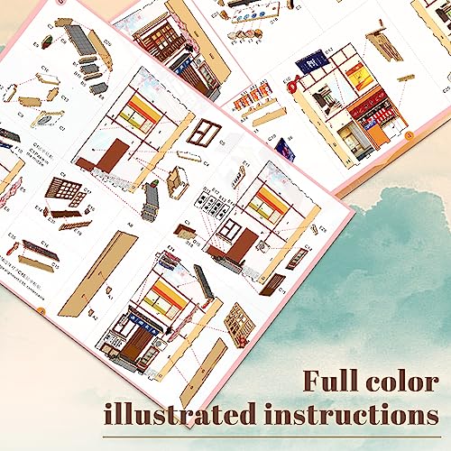 Hallisun DIY Book Nook Kit 3D Wooden Puzzle for Adults, Bookshelf Insert Decor Sakura Town with LED Light Music Box, Bookend Building Set Miniature Hallisun