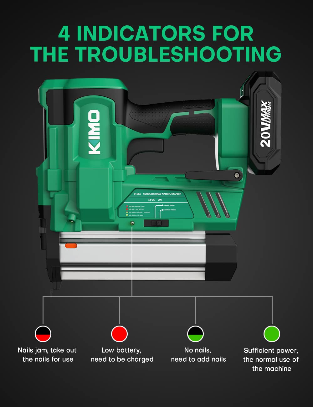 KIMO 18 Gauge Nail Gun Battery Powered w/ 2 X 2.0 Battery & Charger, 2 in 1 Cordless Brad Nailer/Electric Stapler, Adjustable Depth, 1000pcs Nails, K I M O.