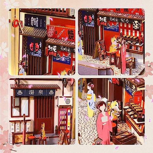 Hallisun DIY Book Nook Kit 3D Wooden Puzzle for Adults, Bookshelf Insert Decor Sakura Town with LED Light Music Box, Bookend Building Set Miniature Hallisun