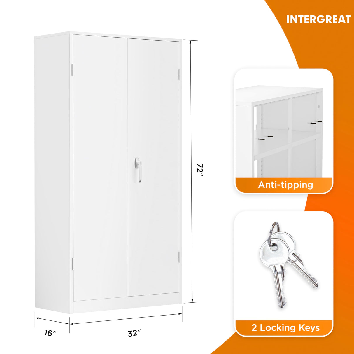 INTERGREAT Metal Storage Cabinet with Lock, 72" Office Storage Cabinet with Locking Doors and 4 Adjustable Shelves, White Lockable Steel Cabinet for INTERGREAT
