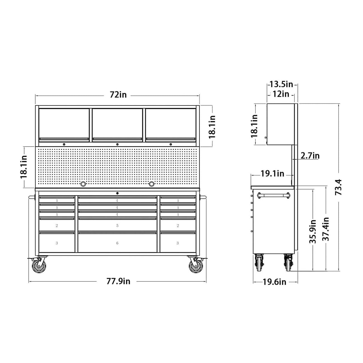 CHETTO C 72" Rolling Tool Box Chest Cabinet 15 Storage Drawers 3 Upper Cabinet Pegboard Large Toolbox with Wheels for Warehouse Basement Home Pantry CHETTO C