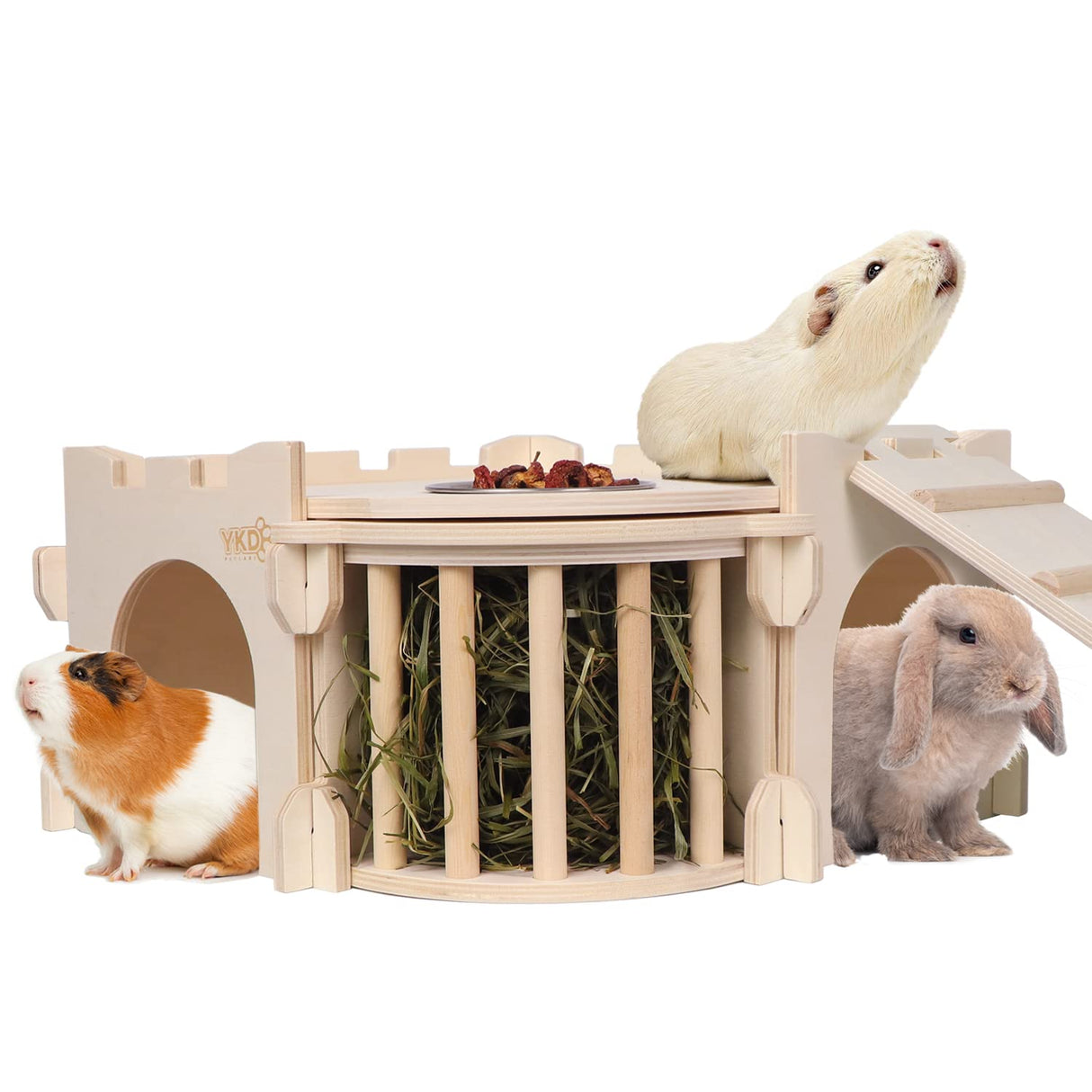 Large Guinea Pig Castle, Natural Wood Rabbit House with Ladder and Hay Feeder, Small Animal Hideout for Rabbit Guinea Pig Hedgehog Chinchilla YKD
