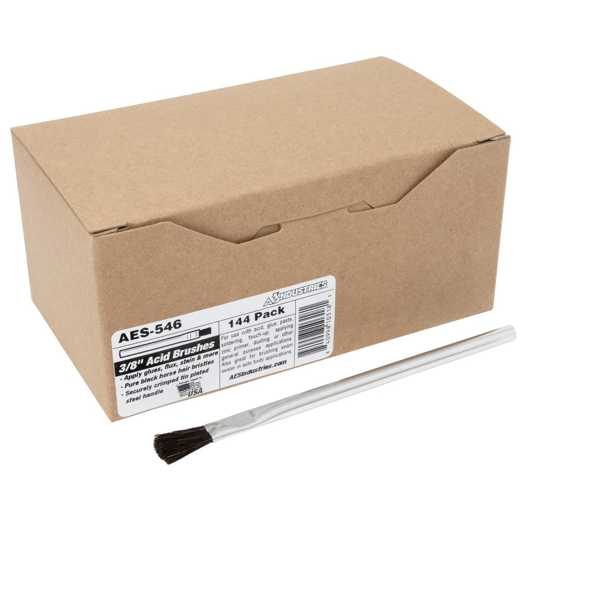 AES Industries 3/8" Wide Pure Horsehair Acid Brush with Tin Plated Handle - Made in the USA 144 Brush Pack AES Industries