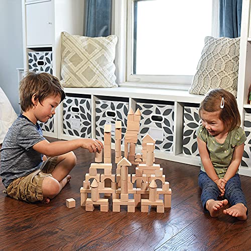 Pidoko Kids Wooden Blocks - 100 Pcs - Building Blocks for Toddlers - Includes Storage Container with Shape Sorter Lid - Natural Beech Wood Blocks - Pidoko Kids