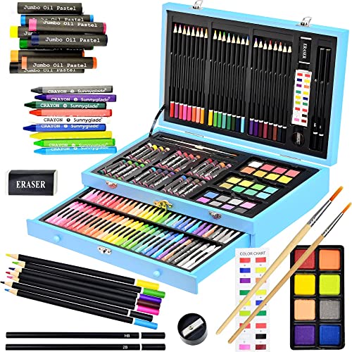 Sunnyglade 145 Piece Deluxe Art Set, Wooden Art Box & Drawing Kit with Crayons, Oil Pastels, Colored Pencils, Watercolor Cakes, Sketch Pencils, Paint Sunnyglade