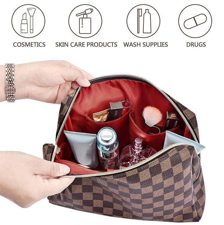 BAGCRAZY Makeup Bag, Cosmetic Bag, Portable Leather Large Checkered Makeup Bag, 2 Pack Large Capacity Travel Cosmetic Bag for Women, Lightweight BAGCRAZY