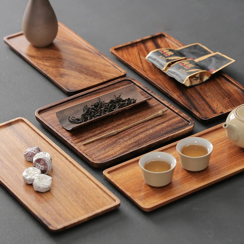 SOUJOY Set of 4 Wood Serving Tray, Oak Platter for Food, 12'', 14.5'' Rectangular Charcuterie Board with Edge for Home Decor, Dessert, Vegetables, SOUJOY