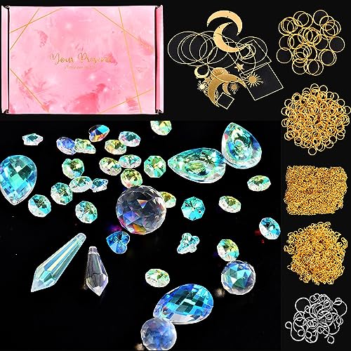 370 Pcs Crystal Suncatcher Kits Hanging Chandelier Crystals Prisms Parts Rainbow Maker Pendants for Stained Glass Window Hanging DIY Sun Catchers QIKAIDE