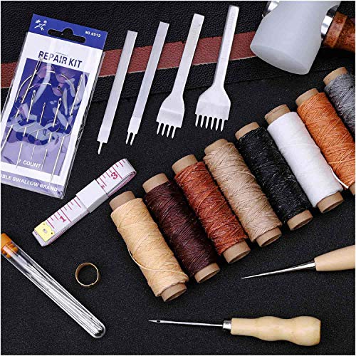 Cridoz 35 Pcs Leather Stitching Pouch Kit with 4mm Prong Sewing Hole Punch, Leather Sewing Tools, Waxed Thread and Large-Eye Stitching Needles for cridoz