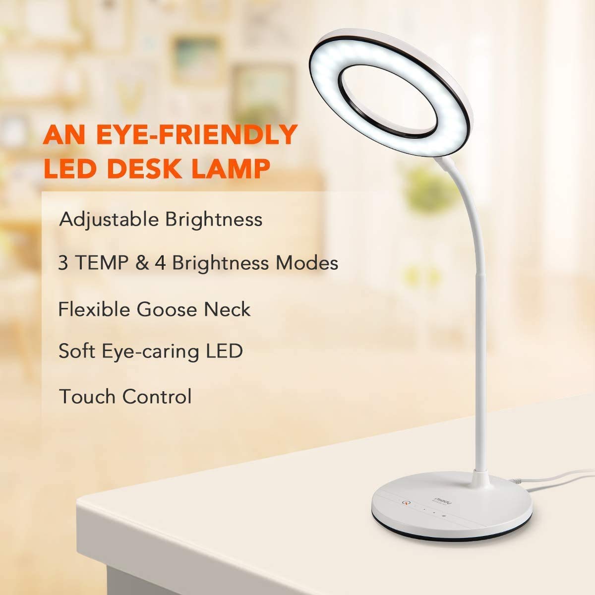 Miady LED Desk Lamp Eye-Caring Table Lamp, 3 Color Modes with 4 Levels of Brightness, Dimmable Office Lamp with Adapter, Touch Control Sensitive, Miady