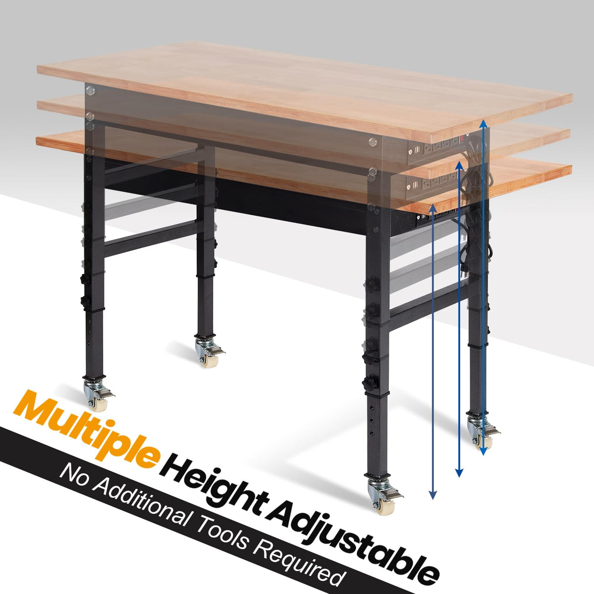 60" Adjustable Work Bench, Rubber Wood Top Heavy-Duty Workbench with Power Outlet with Wheels, 2000 LBS Load Capacity Hardwood Worktable, for Garage, Polar Aurora
