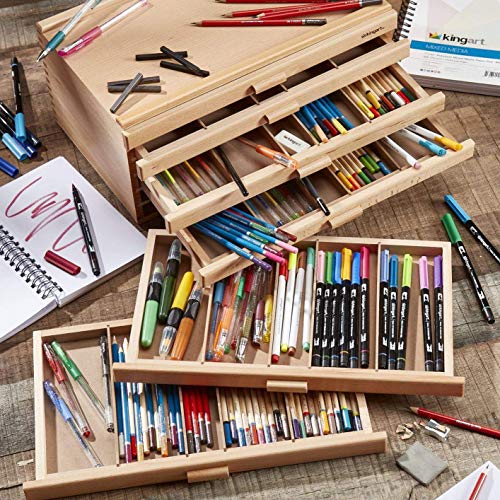 KINGART 723N Wood 6-Drawer Artist SUPPLY STORAGE BOX, 15-3/4” W x 10” D x 6-1/2” H, Natural Finish, Storage for Art Materials including Paint Tubes, KINGART