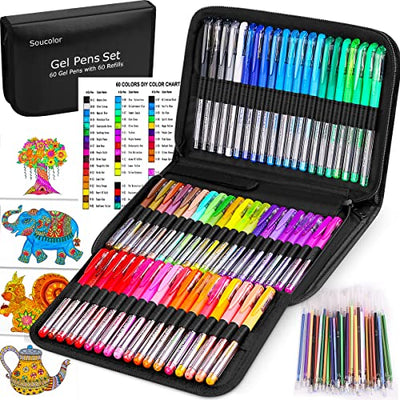 Soucolor 60 Colored Gel Pens for Adult Coloring Books, Deluxe 120 Pack- 60 Refills and Travel Case, with 40% More Ink Markers Set for Drawing