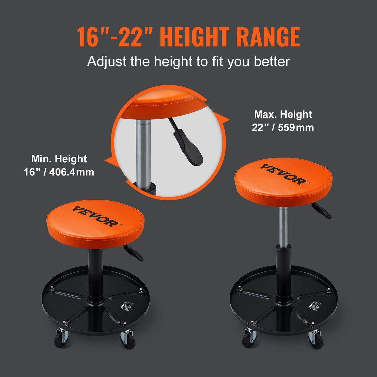 VEVOR Mechanic Stool, 250 LBS Rolling Pneumatic Creeper Garage/Shop Seat, Adjustable Height 16-22 inch in Padded Rolling Workshop Stool with Tool VEVOR