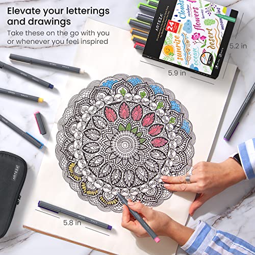 ARTEZA Felt Tip Pens, Set of 24 Landscape Brush Tip Calligraphy Pens for Note Taking, Sketching, Cross-Hatching, Outlining, Dye-Based Ink, Smear-Free ARTEZA