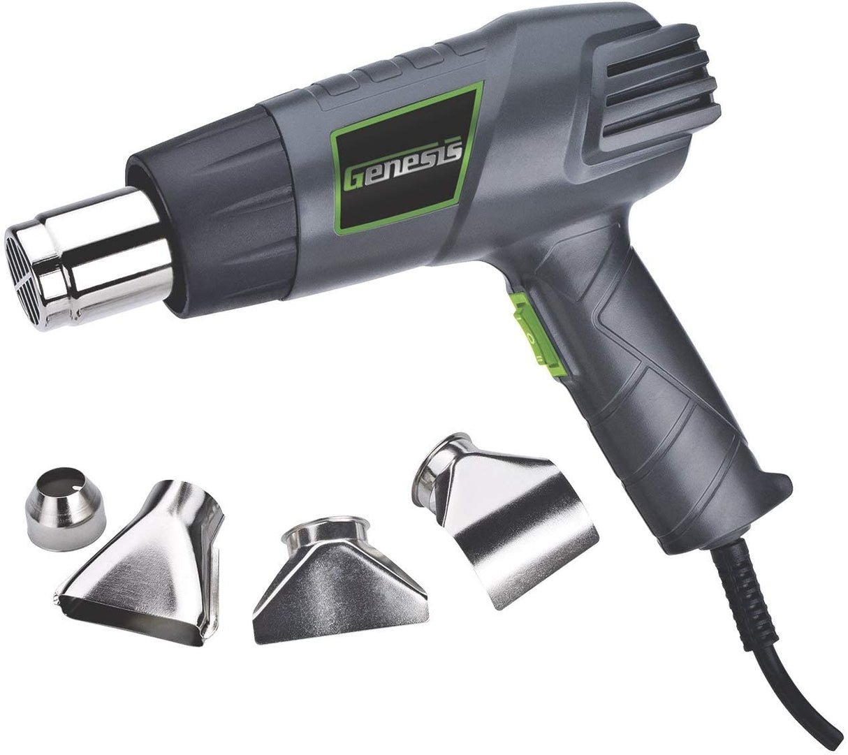 Genesis GHG1500A Dual Temperature Heat Gun Kit With Fast Heat High And Low Settings 572F/1000F, Air Reduction Nozzle, Reflector Nozzle, And Two Genesis
