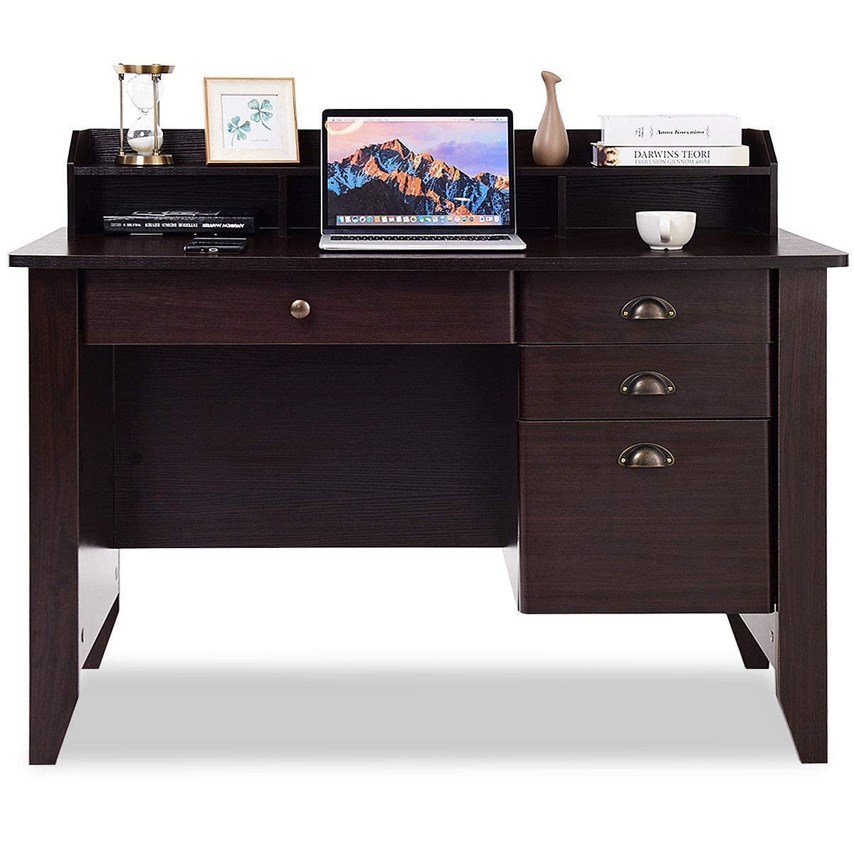 Tangkula Computer Desk with 4 Storage Drawers & Hutch, Home Office Desk Vintage Desk with Storage Shelves, Wooden Executive Desk Writing Study Desk Tangkula