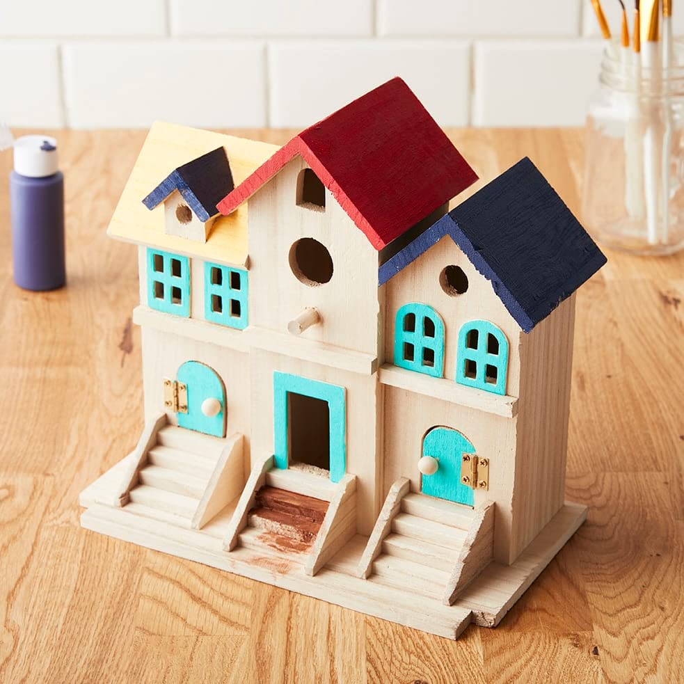 9.5" Wooden Brownstone Birdhouse with Fence by Make Market - Unfinished Birdhouse Made of 100% Wood, Outdoor Nesting Boxes - 1 Pack Make Market
