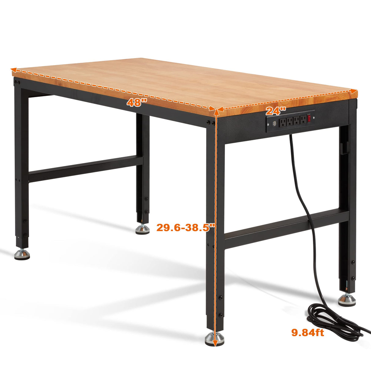 Haddockway Adjustable Workbench for Garage,48"x 24" Rubber Wood Top Work Bench with Power Outlets, Max 2000 Lbs Load Capacity Heavy Duty Workstation Haddockway