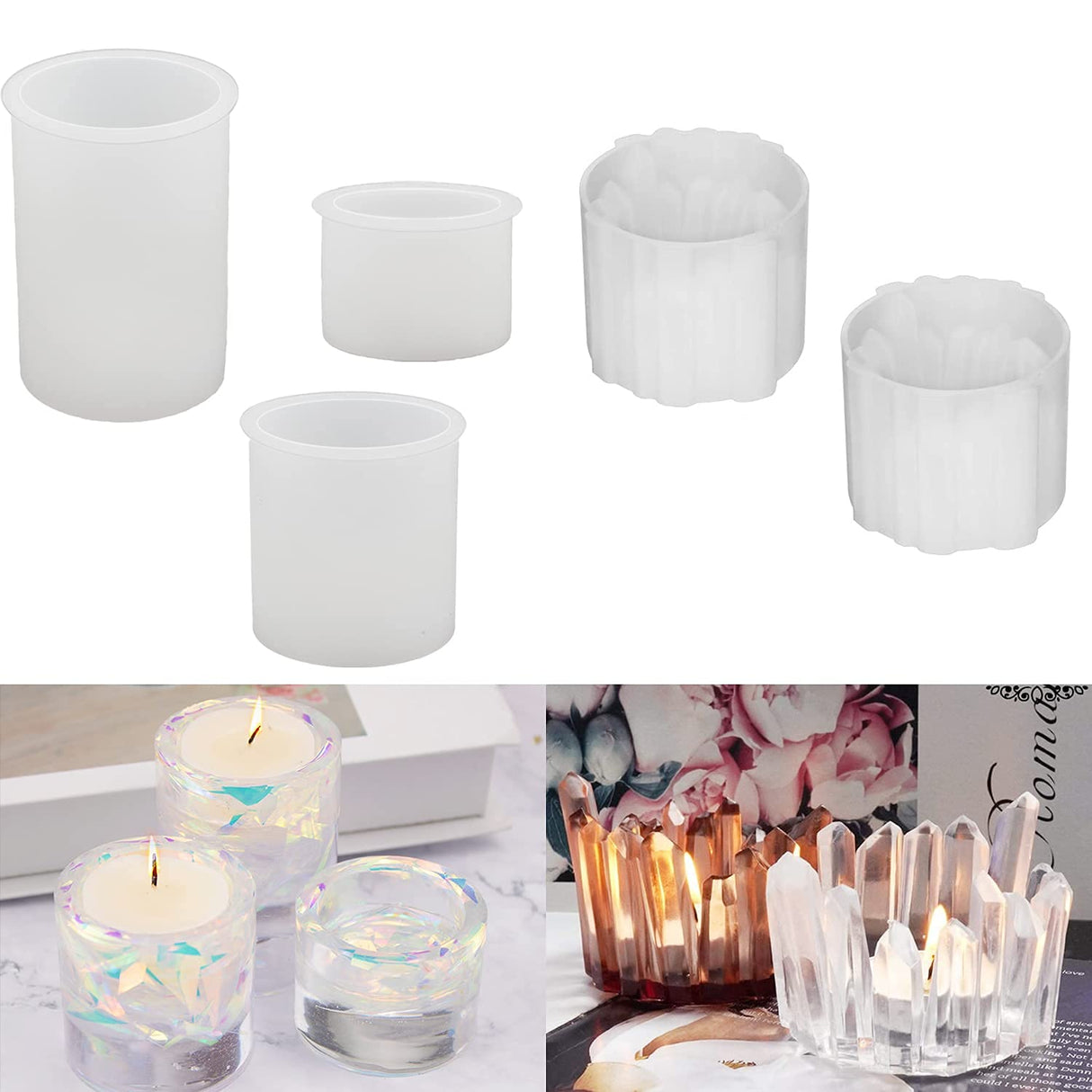 ResinWorld 3 Pack Cylinder Candlestick Epoxy Casting Molds + 2 Pack Crystal Shape Tea Light Candle Holder Molds ResinWorld