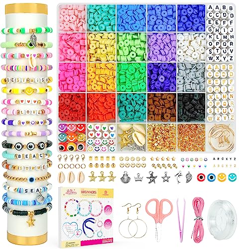 Dowsabel Clay Beads Bracelet Making Kit for Beginner, 5000Pcs Heishi Flat Preppy Polymer Clay Beads with Charms Kit for Jewelry Making, DIY Arts and Dowsabel