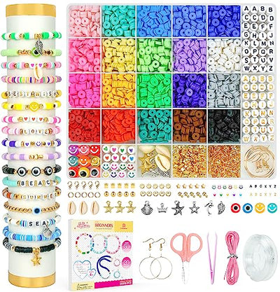 Dowsabel Clay Beads Bracelet Making Kit for Beginner, 5000Pcs Heishi Flat Preppy Polymer Clay Beads with Charms Kit for Jewelry Making, DIY Arts and