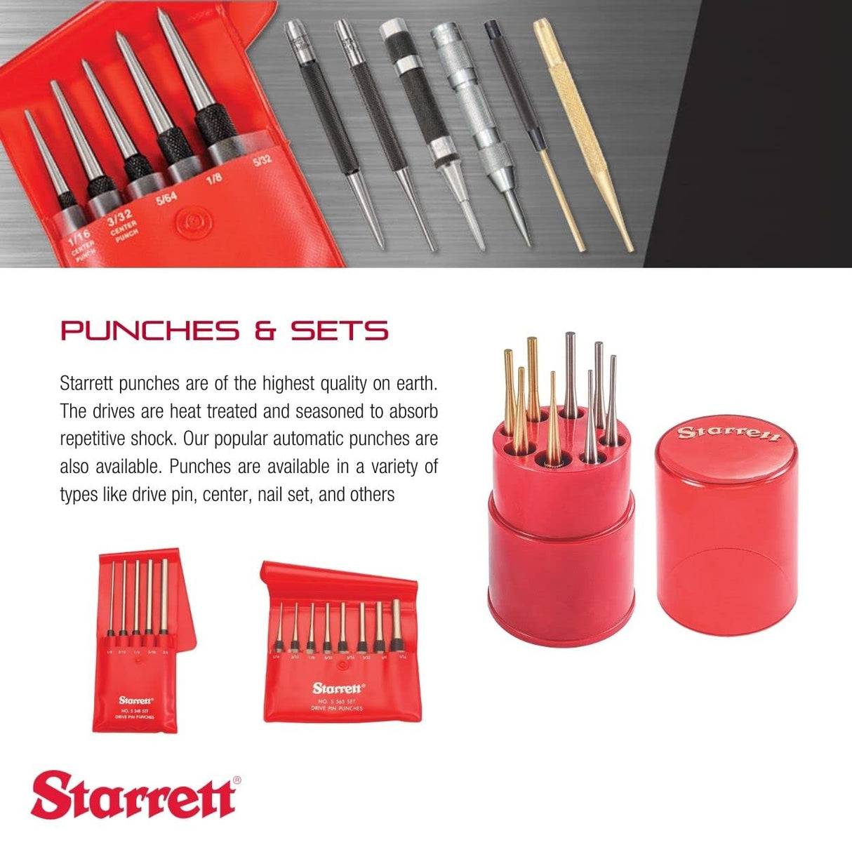 Starrett Steel Center Punch with Square Shank and Knurled Finger Grip - Hardened and Tempered, 4-1/4" Length, 5/32" Diameter Tapered Point, 3/8" Starrett