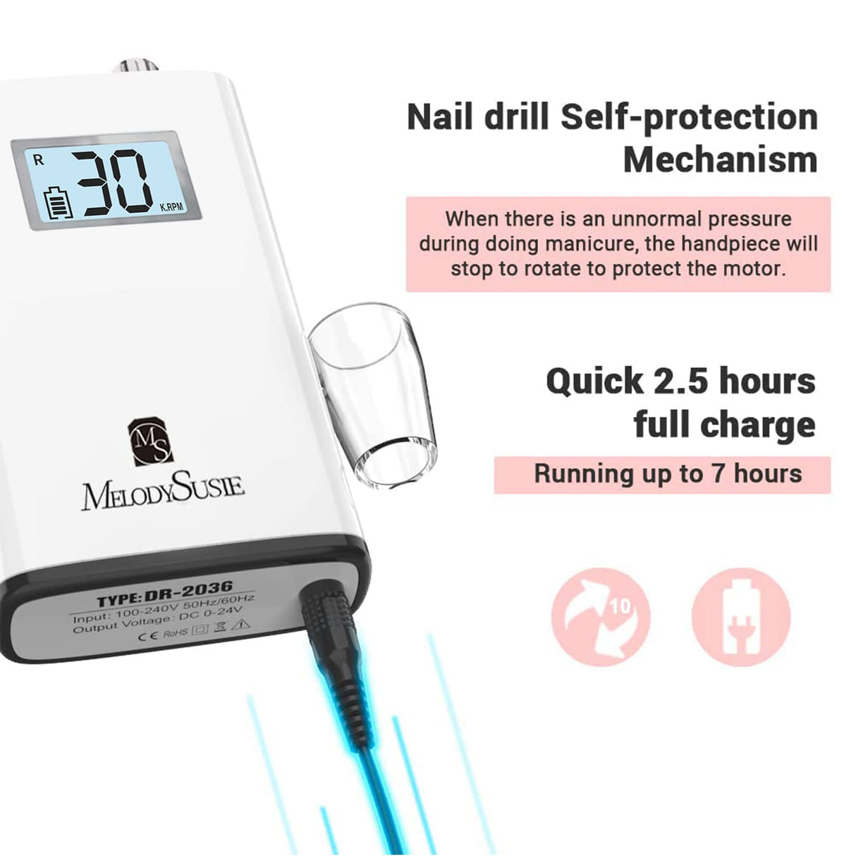 MelodySusie Professional Rechargeable 30000 rpm Nail Drill, Portable Electric E File Scamander, Acrylic Gel Grinder Tools with 6 Bits and Sanding MelodySusie