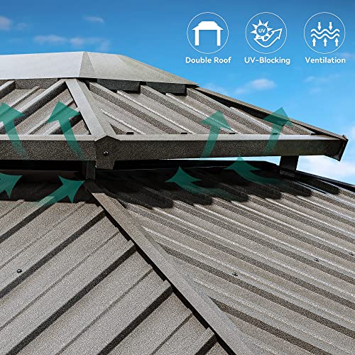 YITAHOME 12x20ft Hardtop Gazebo with Nettings and Curtains, Wood Grain Heavy Duty Double Roof Galvanized Steel Outdoor Combined of Vertical Stripes YITAHOME