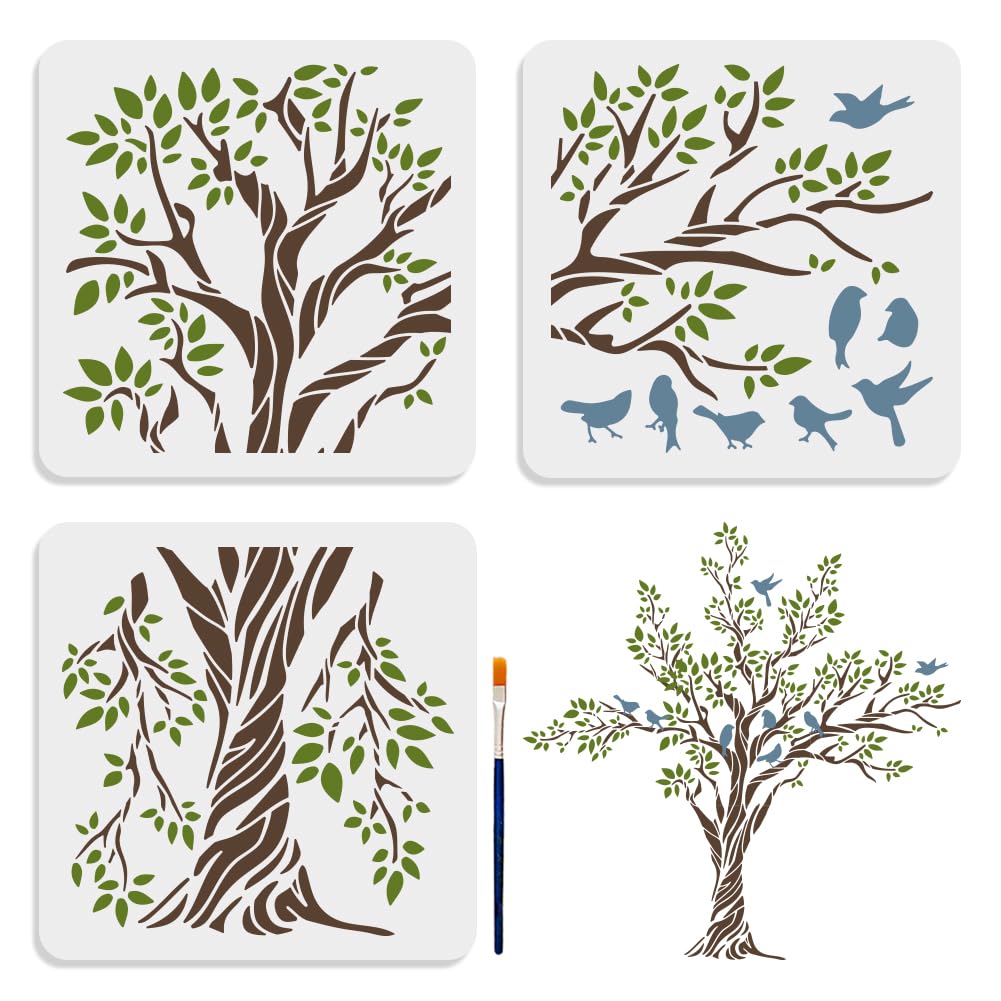 MAYJOYDIY 3pcs Large Tree Bird Branch Stencils 30.8×30.8inch Splice Size Bird On Tree Branch Template with Paint Brush 11.8×11.8inch Stencil Size for MAYJOYDIY