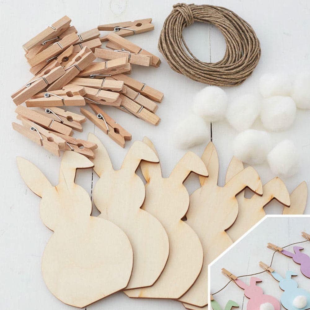 Factory Direct Craft Unfinished Wooden Floppy Ear Bunny Rabbit Garland Easter Craft Kit Unfinished Wood Bunnies, White Pom Poms, Twine and Factory Direct Craft
