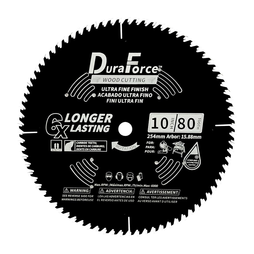 DuraForce 10 Inch 80 Tooth Professional Fine Finish ATB Saw Blade with 5/8 Inch Arbor & DuraGuard Anti-Stick Coating for Miter Saws and Table Saws DuraForce