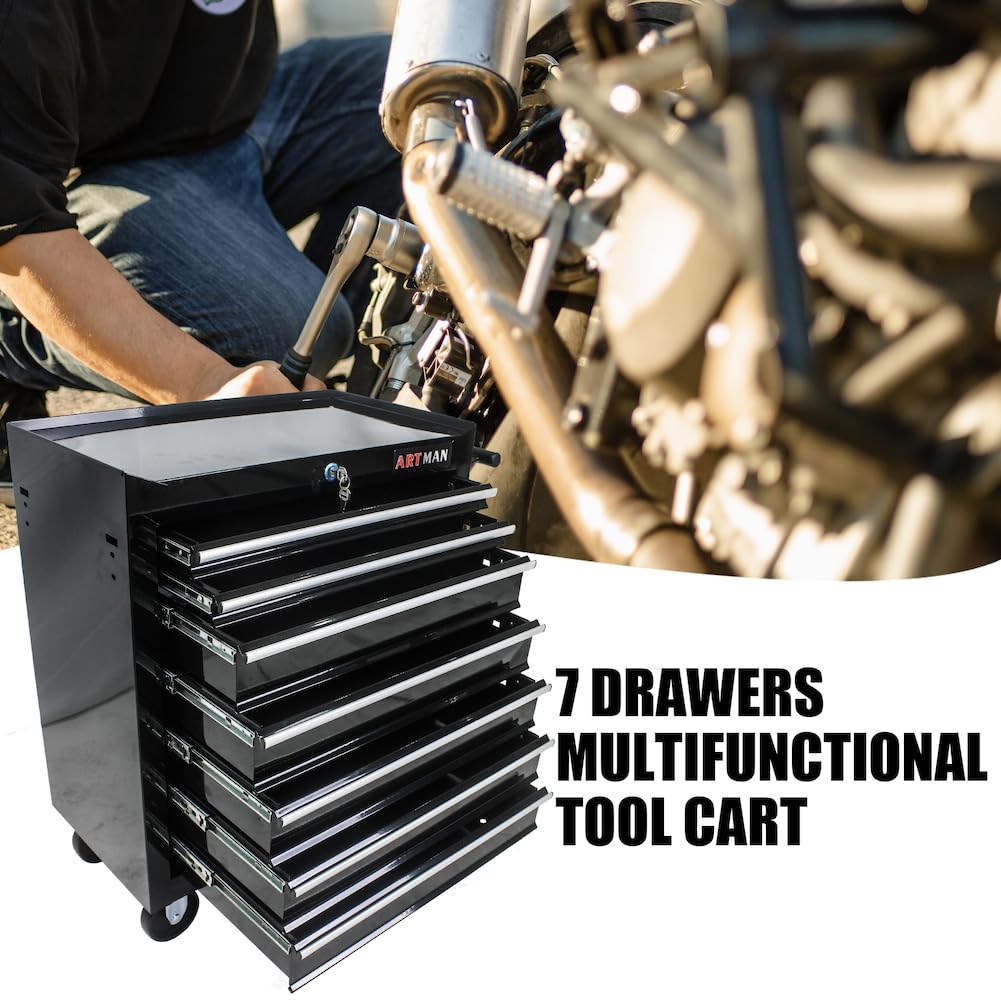 Rolling Tool Cart with Drawers and Wheels Mechanics Tool Cabinet Heavy Duty Lockable Tool Chest Multifunctional Tool Cart (7 Drawers, Black) KIYOMING